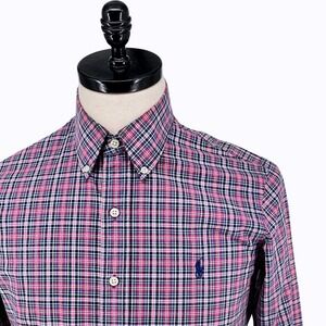 Ralph Lauren Mens Pink Blue Plaid Button Stretch Cotton Shirt Size M Blue Pony